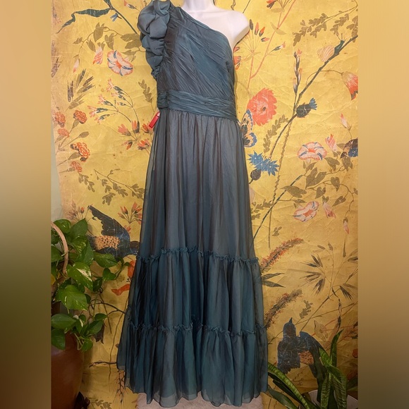 Mac Duggal Organza One-Shoulder Pleated Tiered Gown Sage - Picture 5 of 8